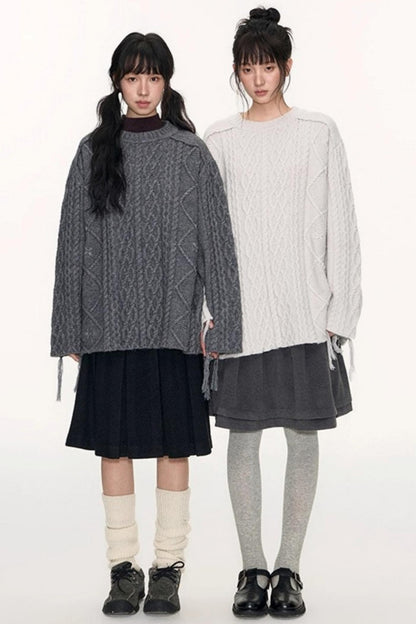 Crew Neck Crochet Cable Knit Sweater