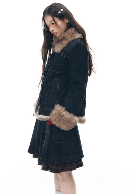 Detachable Fur Collar Denim Jacket Set-Up
