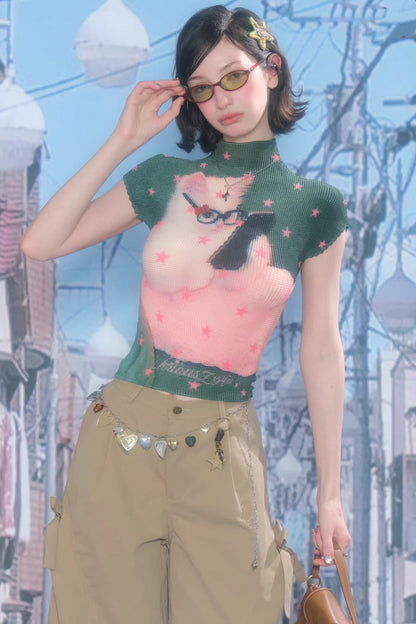 Sweet Pleated Cat Print T-Shirt