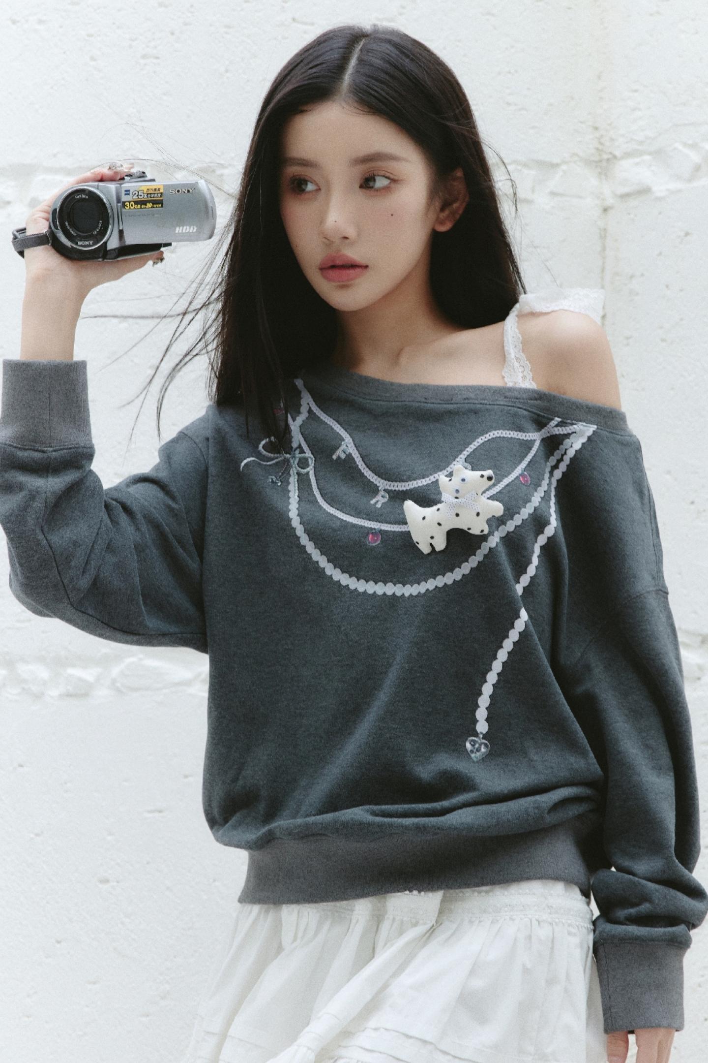 Gray Slanted Shoulder Tie Sweatshirt