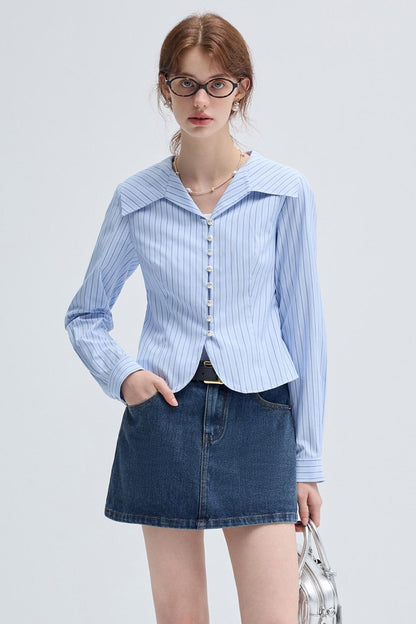 SPRING FALL BLUE STRIPE WAIST SHIRT