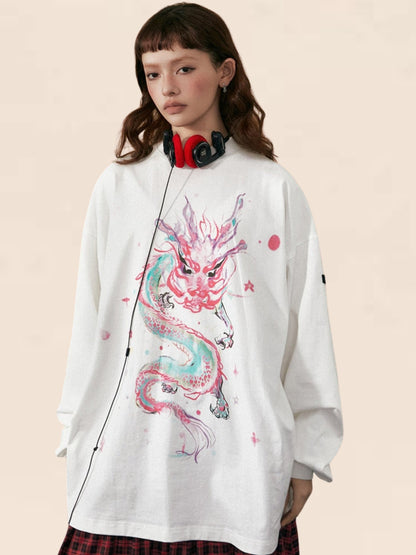 Round Neck Dragon Motif Loose Casual Sweater