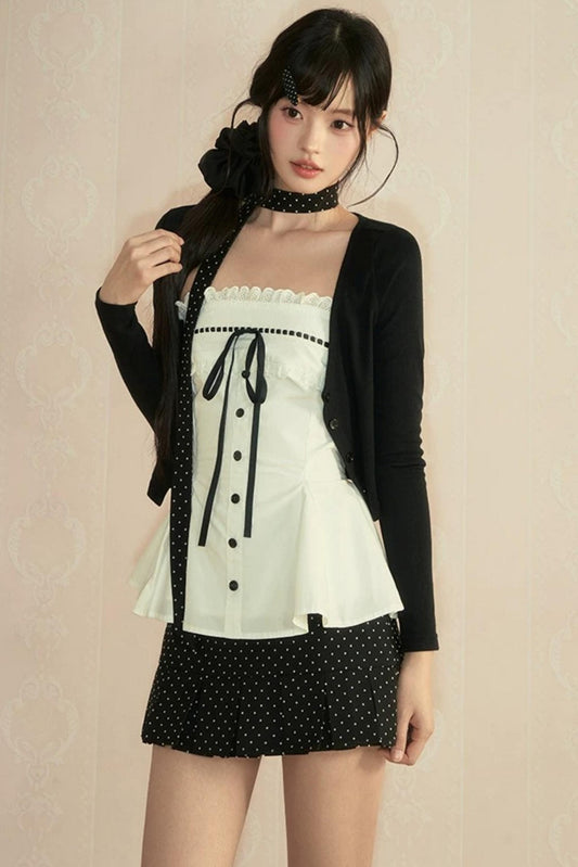 Polka Dot Bow Knit 3-Piece Set-Up