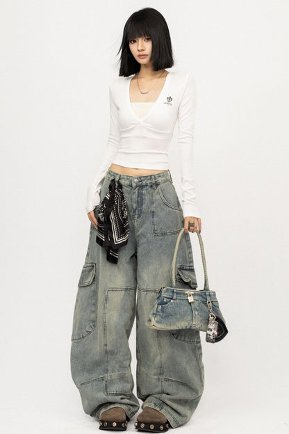 Black V-Neck Long-Sleeved Slim Top