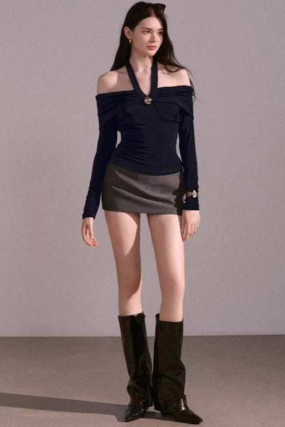 Sense Twisted Navy Halterneck Long Sleeve Top