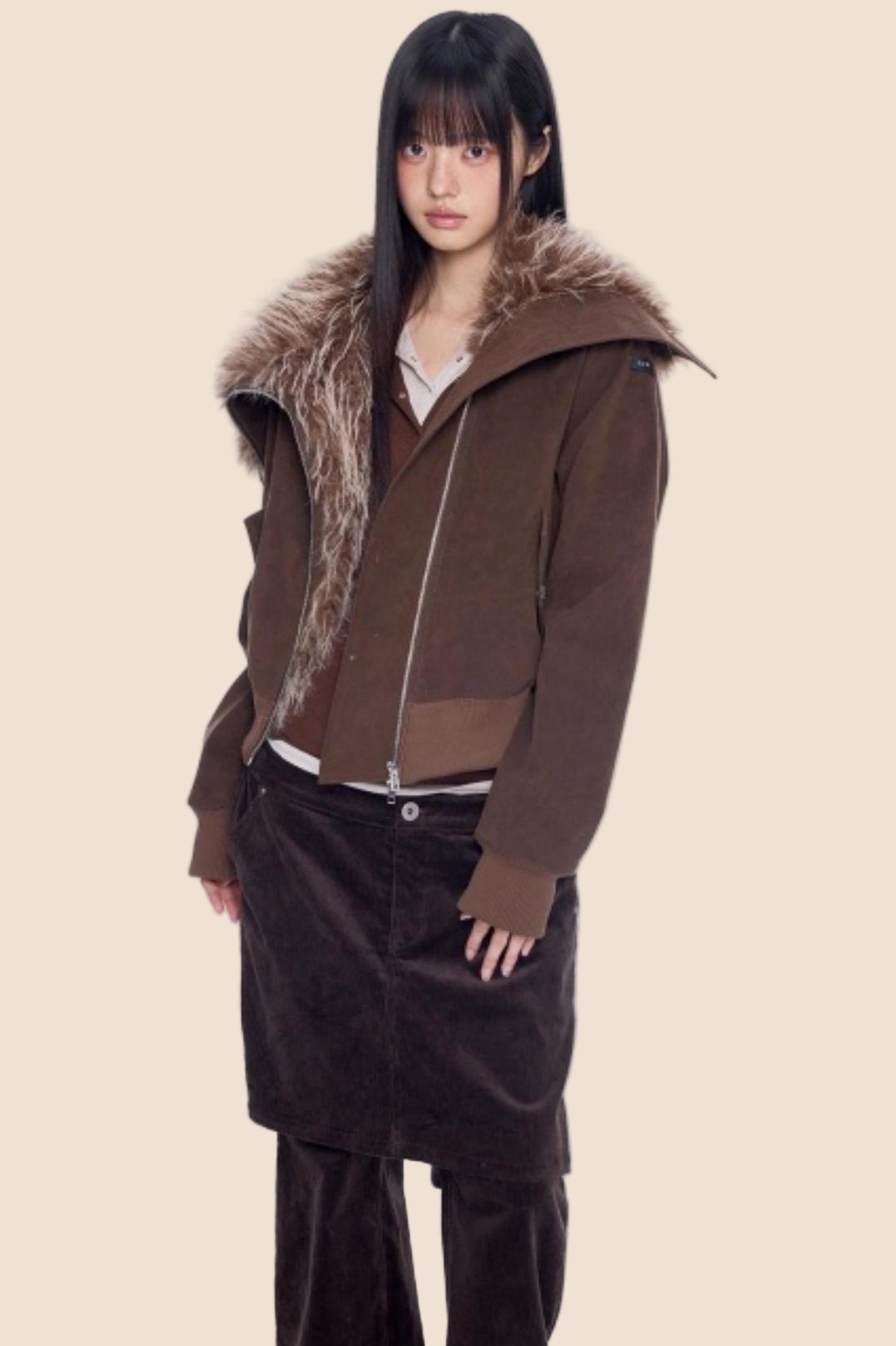 Faux Suede Fur Collar Coat