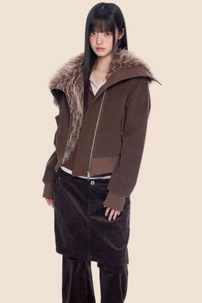Faux Suede Fur Collar Coat