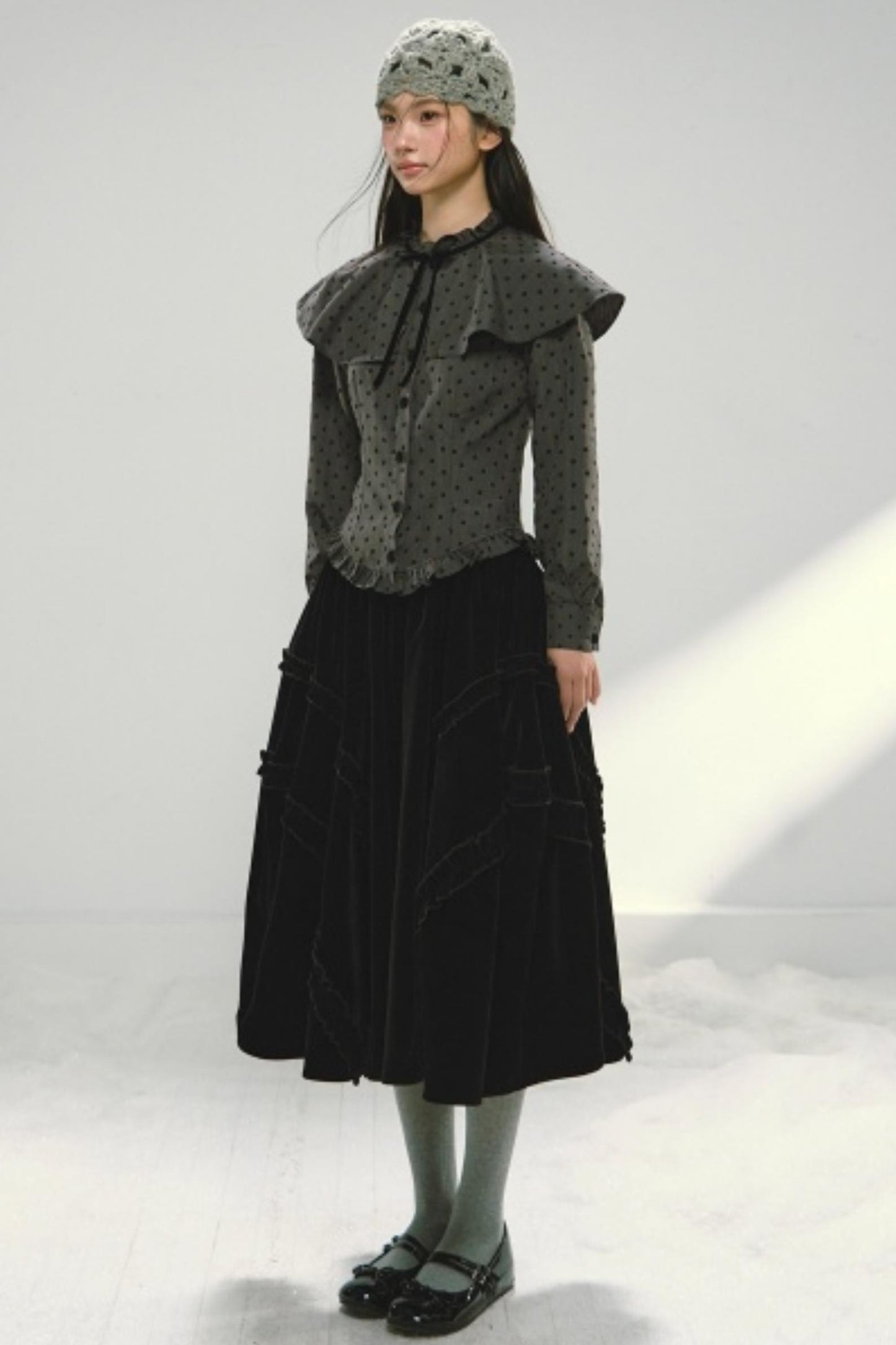 Plaid Velvet Floral Cape Blouse