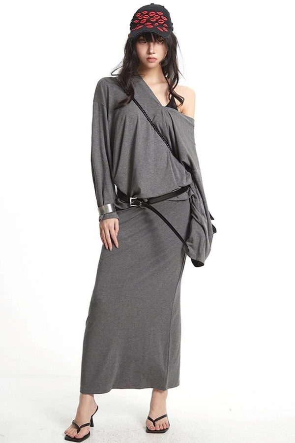 Slanted Shoulder Long Sleeve T-Shirt Skirt Set-Up