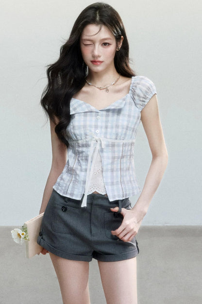 Summer Blue Plaid Patchwork Blouse