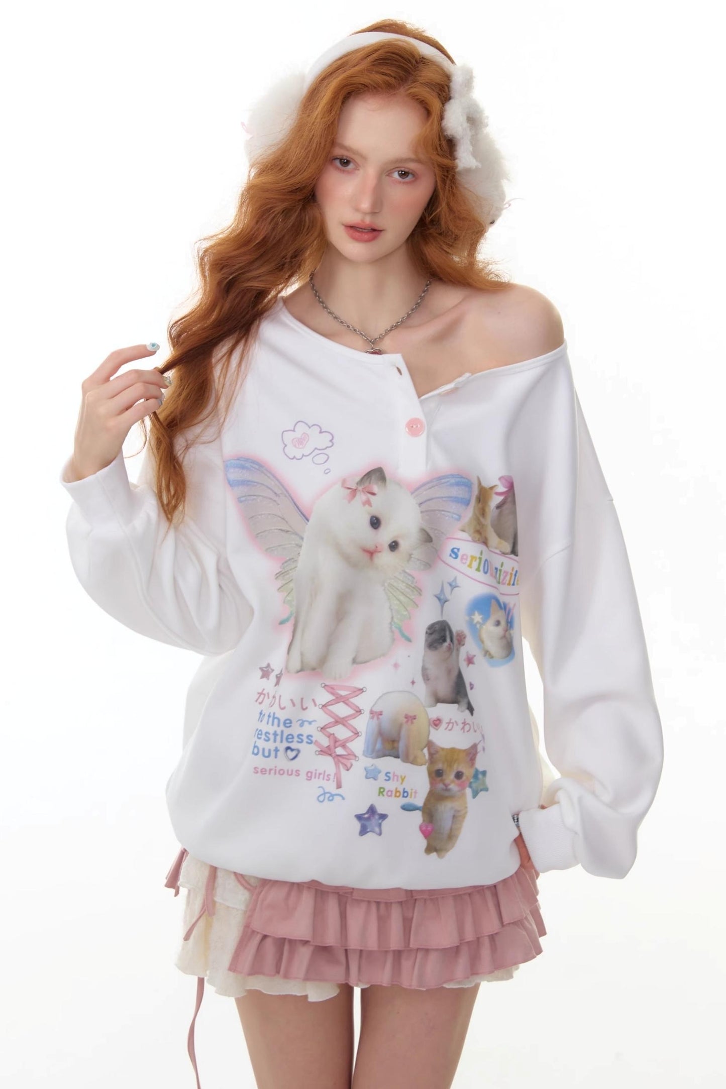 Cat Print Round Neck Sweatshirt