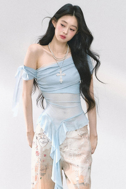 Sheer Mesh Off Shoulder T-Shirt
