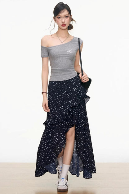 Asymmetrical Grey Top & Polka Dot Maxi Skirt Set-Up