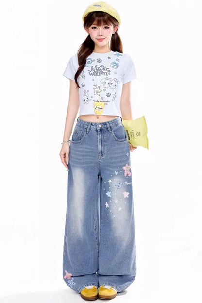 레트로 별 자수 데님 팬츠