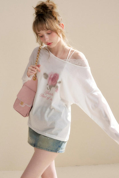 Blusa in Lyocell con Spalle Scoperte e Rose