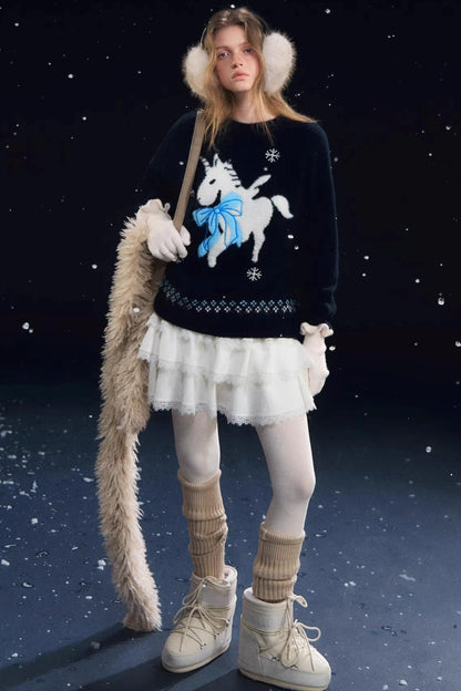 Snowflake Pony Soft Round Neck Sweater