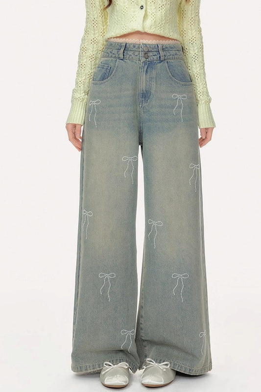 Vintage High-Waisted Diamond Bow Straight Pants