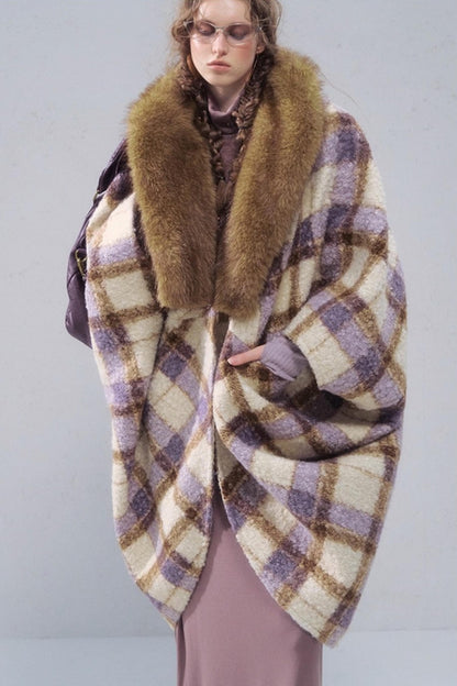Plaid Fur Collar Woolen Coat