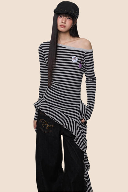 Tassel Detail Slanted Shoulder Top