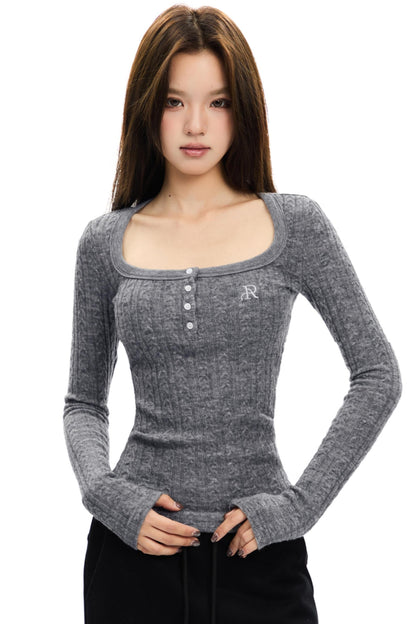 Retro Square Neck Cable Knit Top