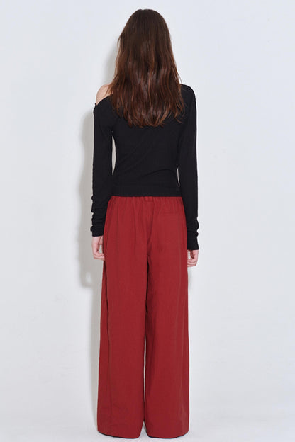 Retro Red Drawstring Bead Sporty Straight Pants