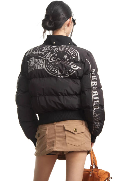 Printed Short Fur Collar Down Jacket