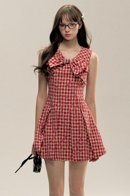 Red Check Floral Bow Vest Dress