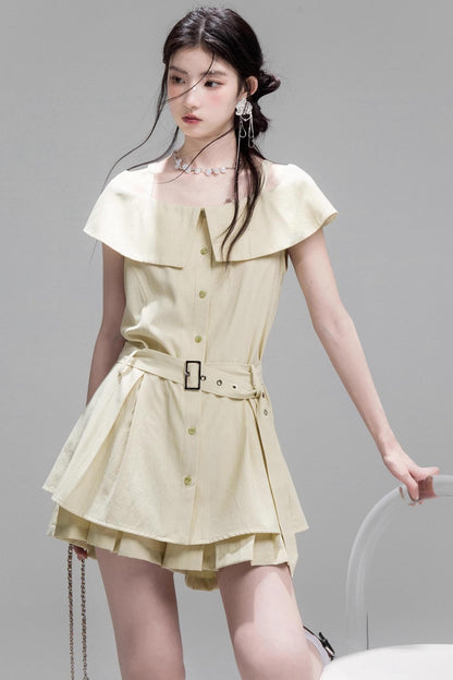 Layered Lime Green Belted Shirt & Pleated Shorts Set