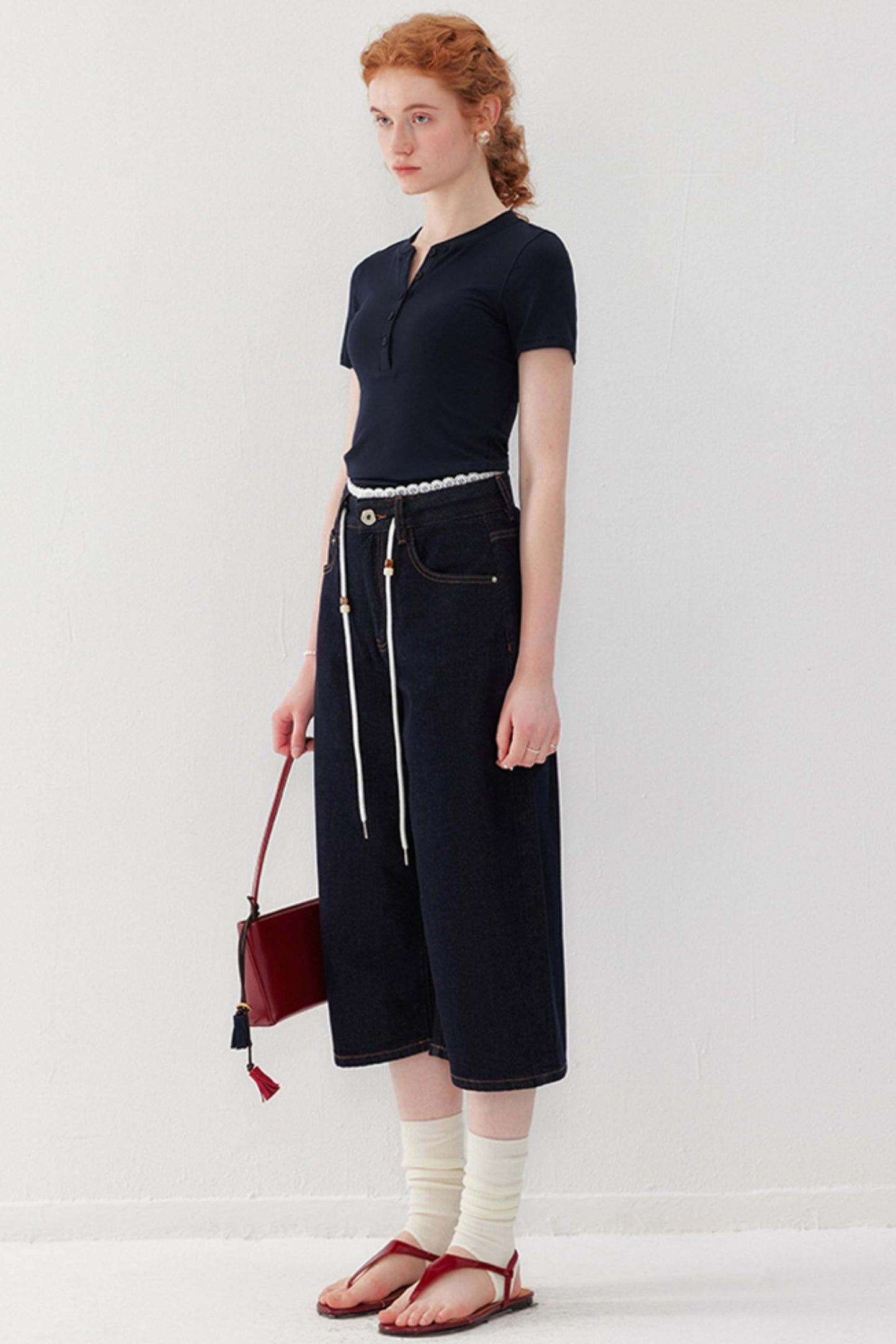 Lace-Detail Denim Culottes Pants