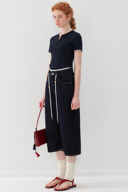 Lace-Detail Denim Culottes Pants