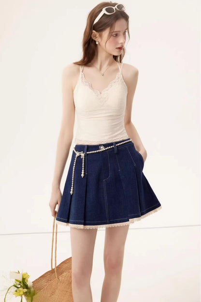Lace Splicing Denim Skirt