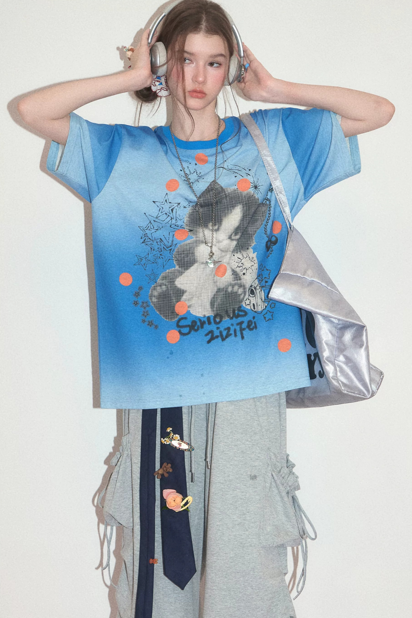 Blue Gradient Cat Print T-Shirt