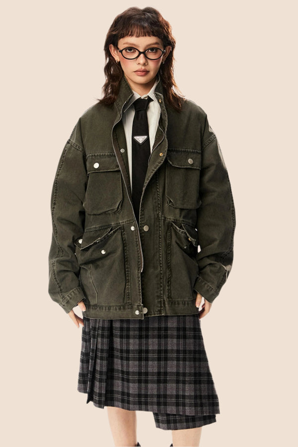 Distressed Loose Fit Cargo Coat