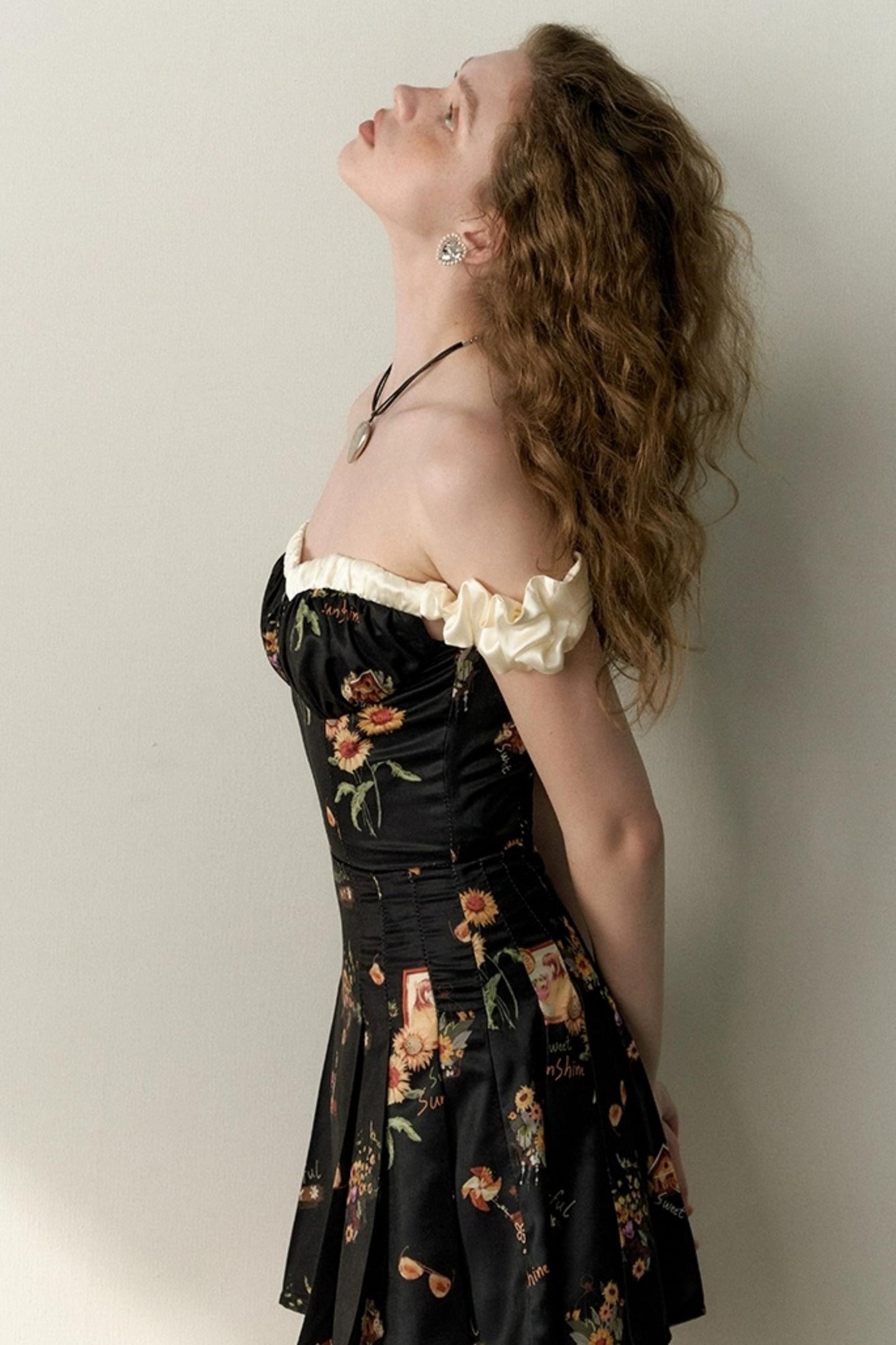 Floral One-Shoulder Black Bustier Dress