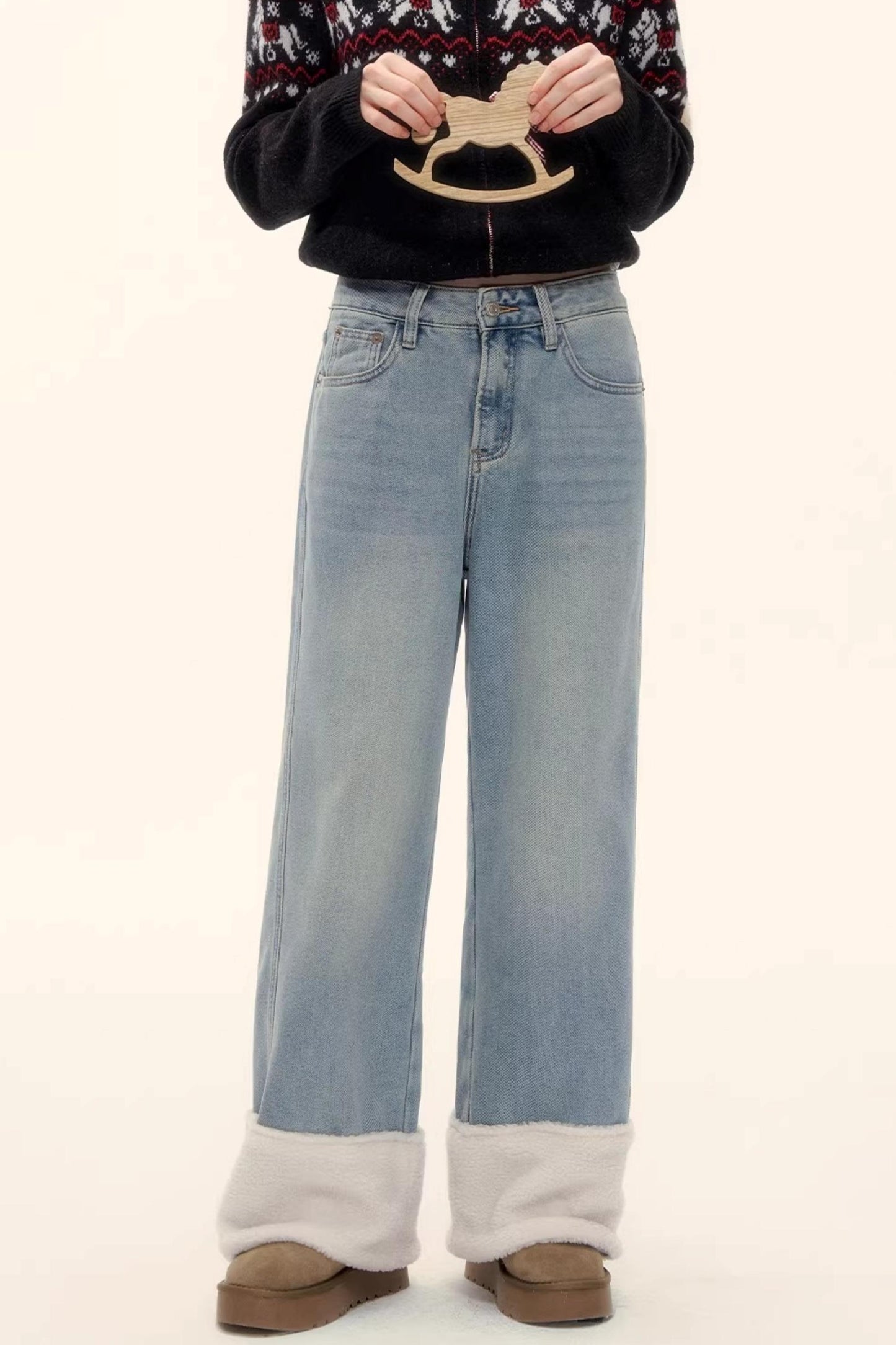 Fleece-Lined Wool Spliced Jeans