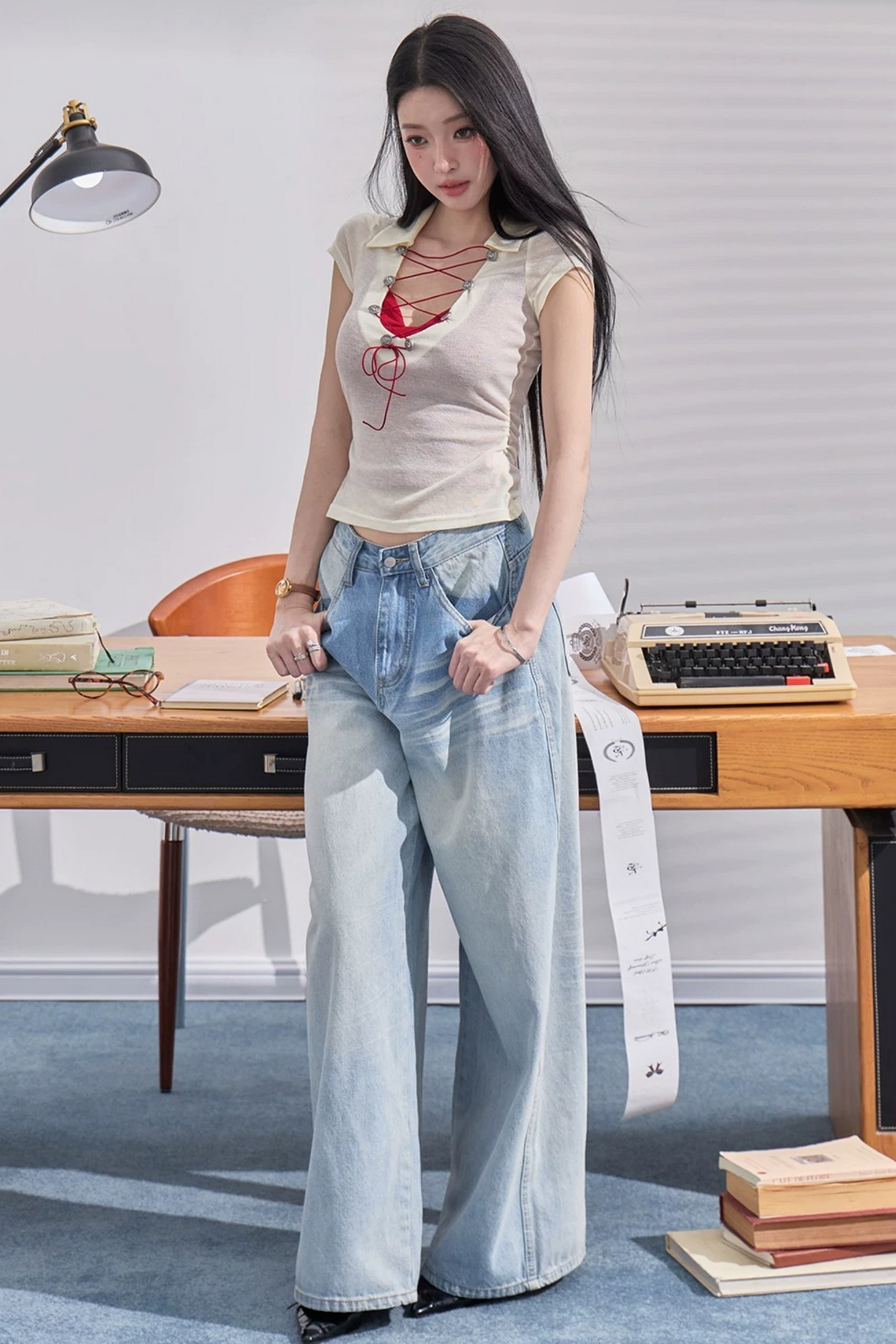 High-Waisted Drapey Denim Pants