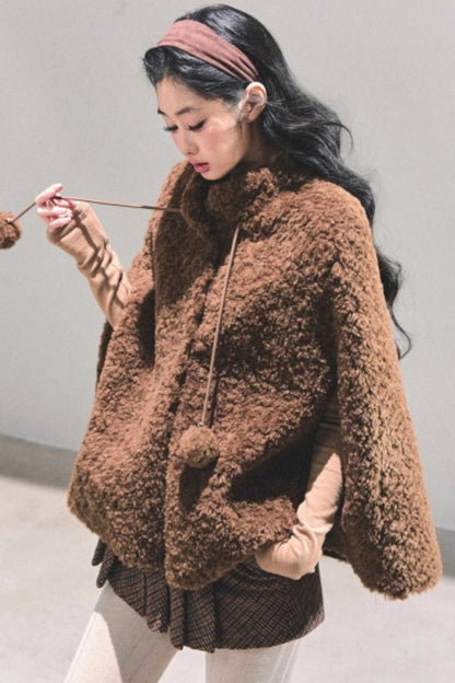 Korean-Style Lamb Wool Cape Coat