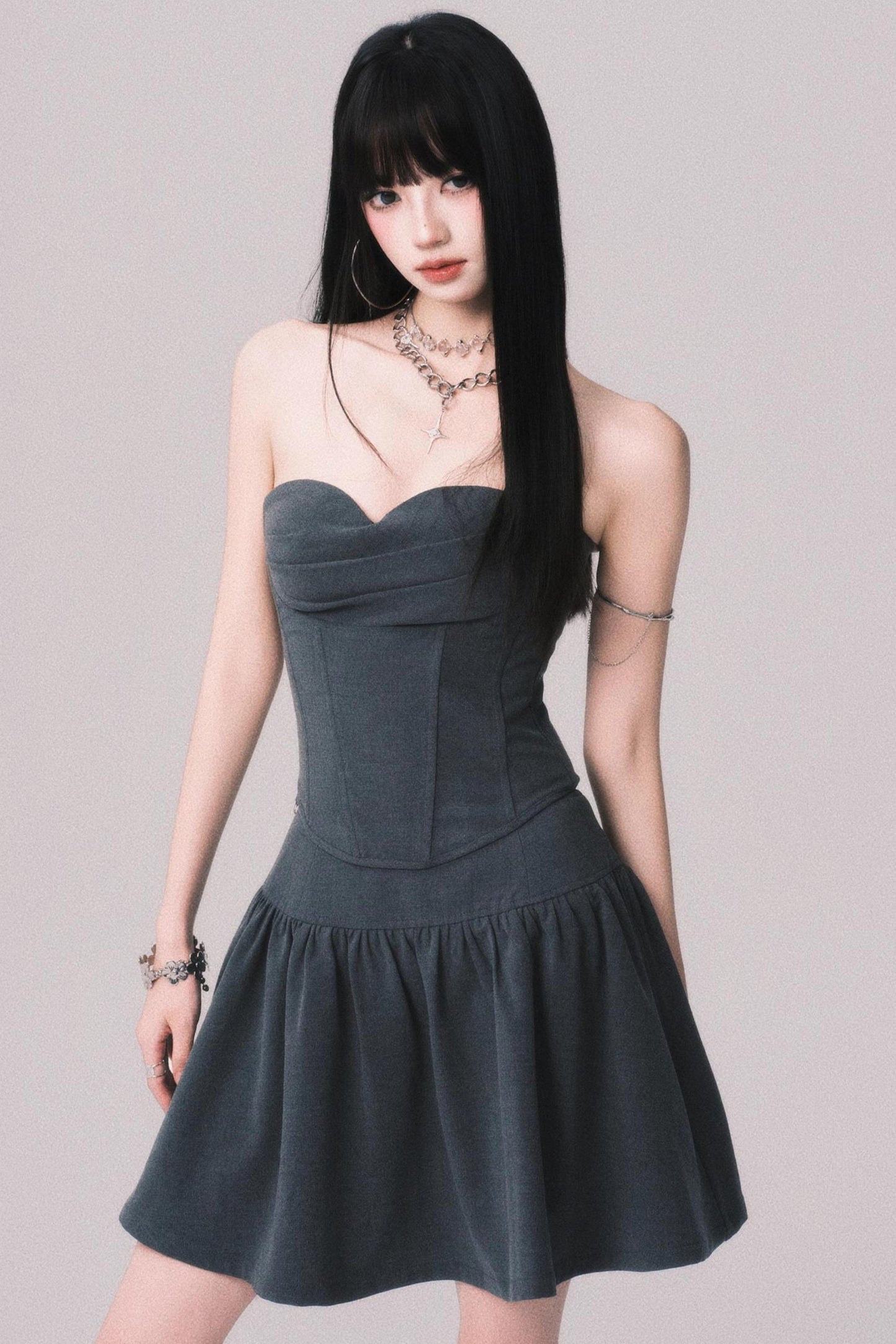 Gray Fishbone Waist Top Bustier Skirt Set-Up