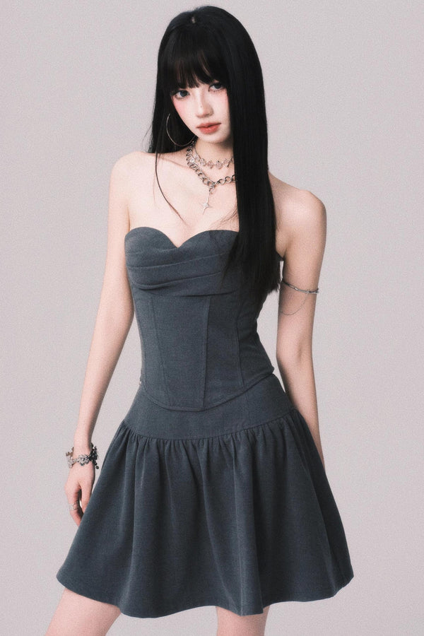 Gray Fishbone Waist Top Bustier Skirt Set-Up