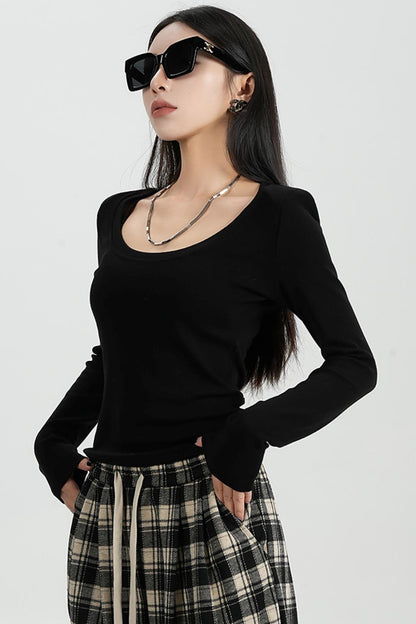 SRYSAME back open waist design sense round neck long sleeve T-shirt base layer with black top under the new autumn women's wear