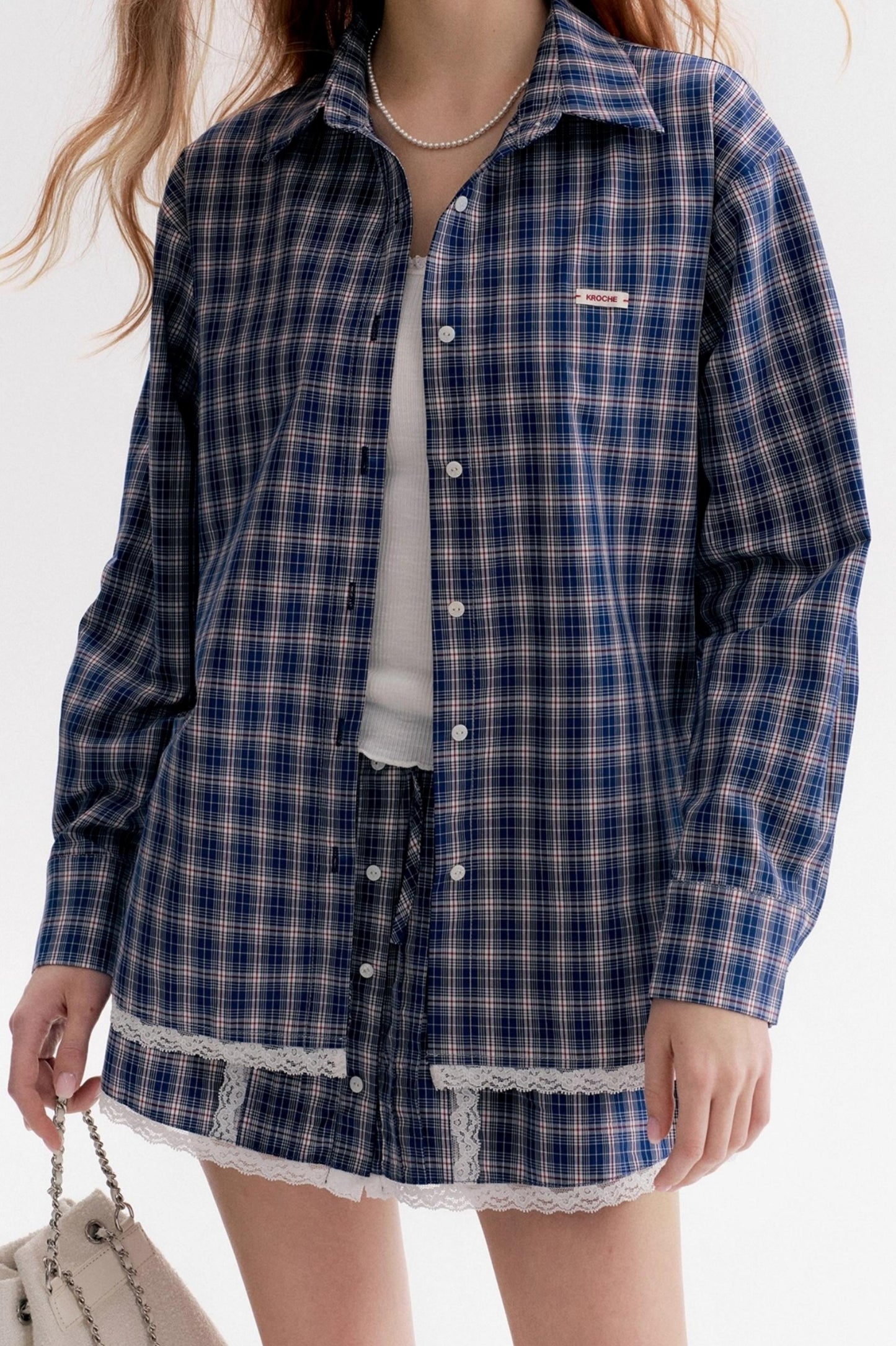 Lace Panel Check Loose Shirt Set-Up