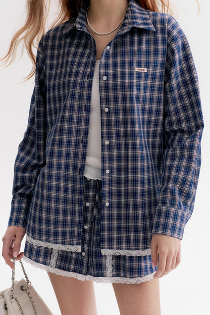 Lace Panel Check Loose Shirt Set-Up