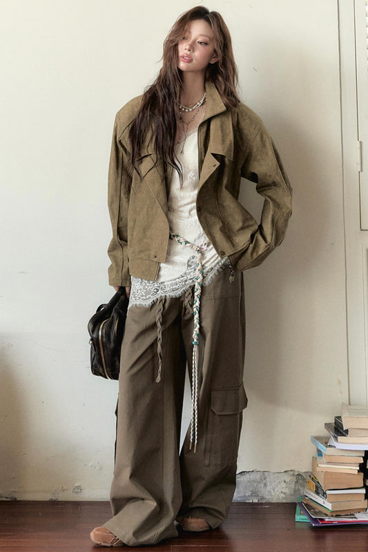 Woven Belt Coat And Lace Vest Set-Up