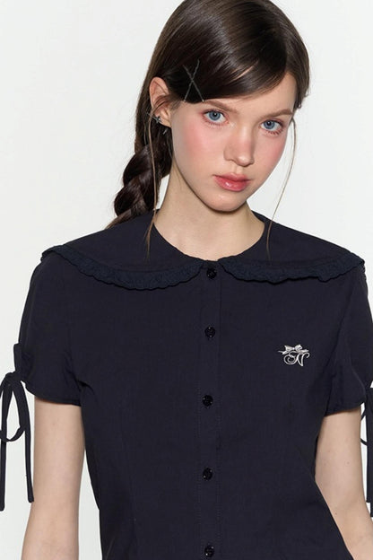 Navy Lace Collar Top & Skirt Set-Up