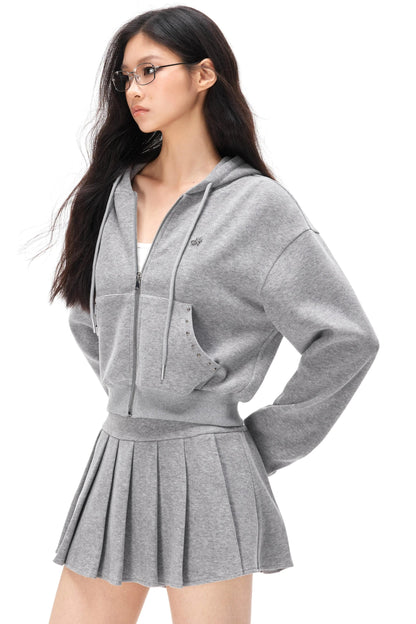 Pocket Studded Hooded Cardigan Set-Up