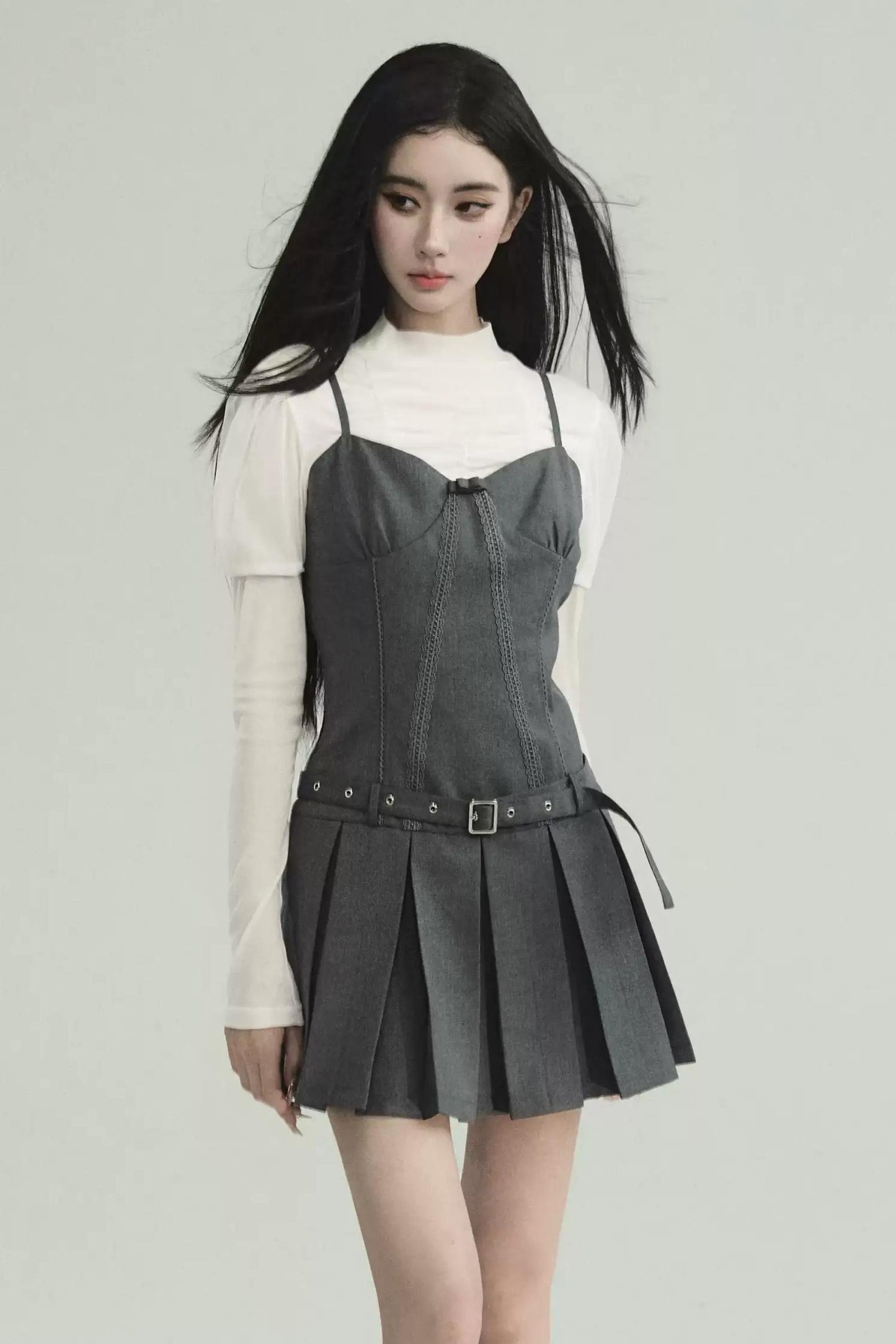 Pleated Waist Suspender Dress & Suit  Set-Up