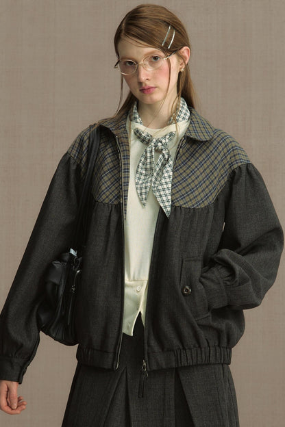 Retro Gray Plaid Cropped Jacket Set-Up