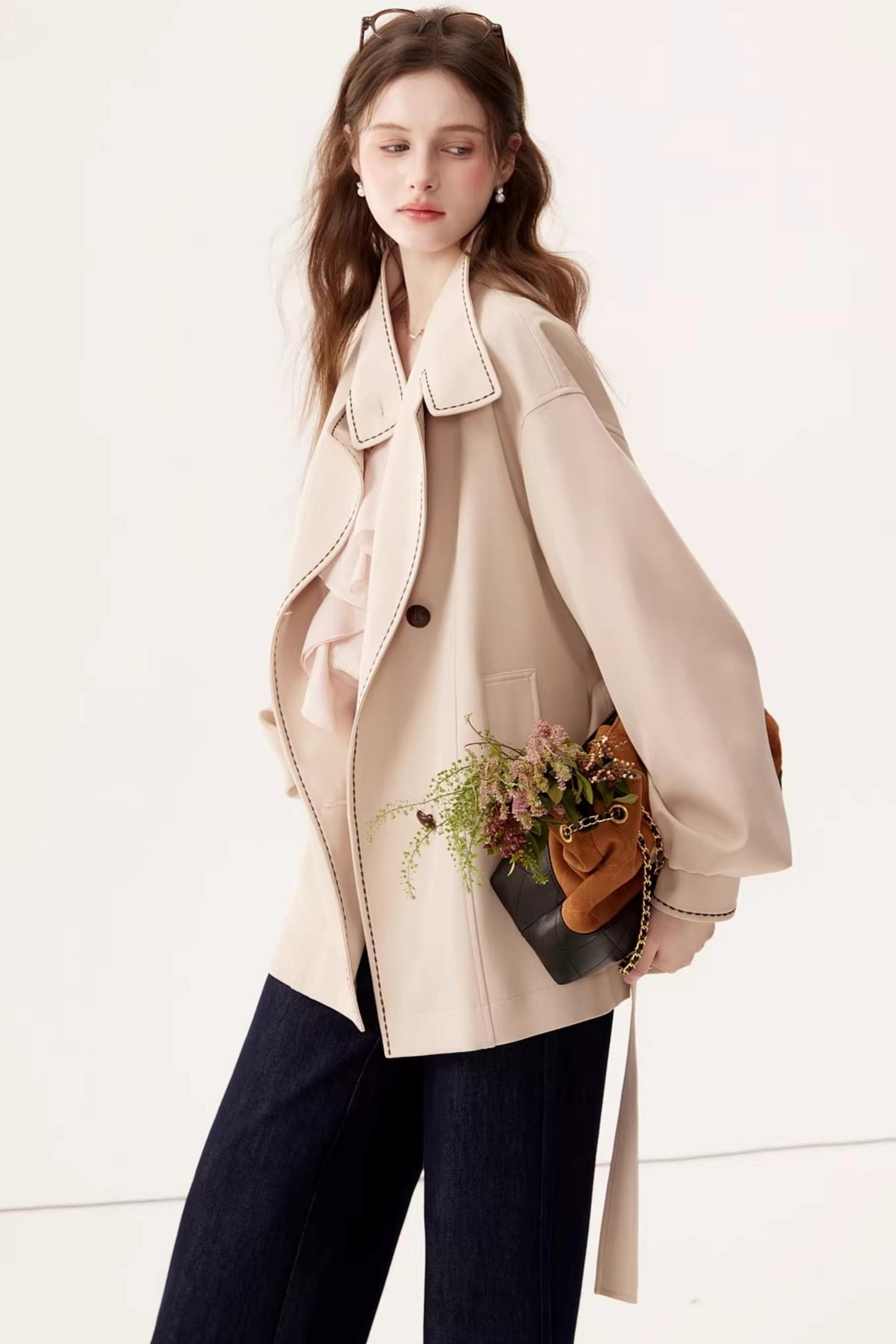 Stand Collar Lantern Sleeve Trench Coat