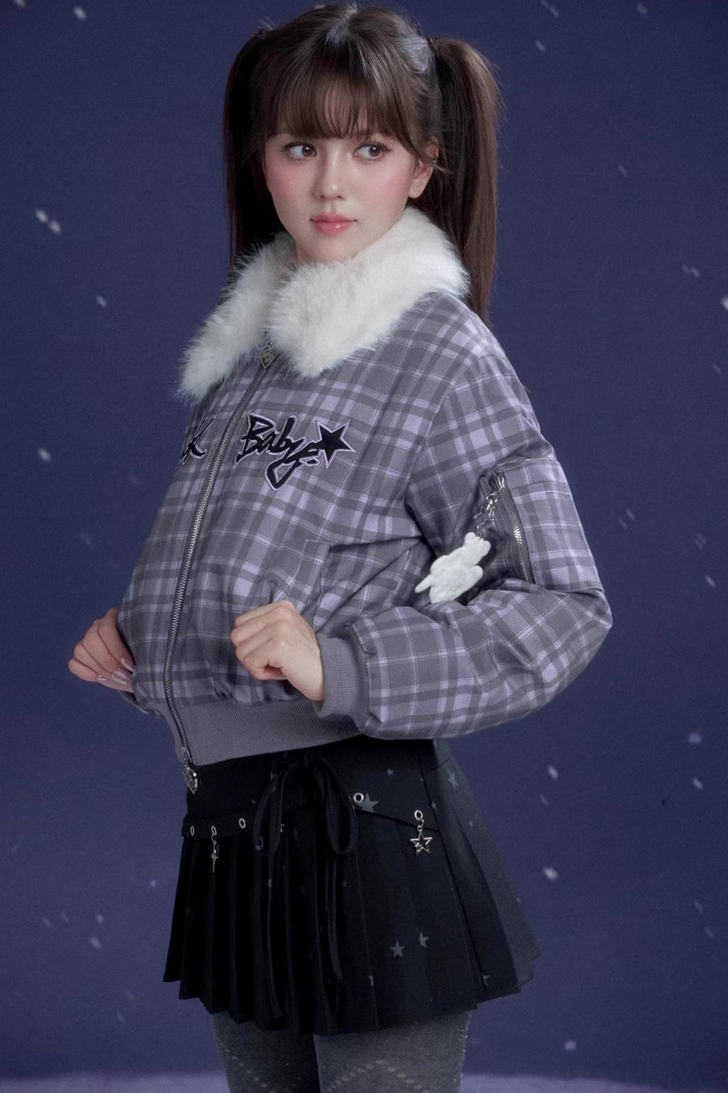 Purple Plaid Fur Collar Jacket