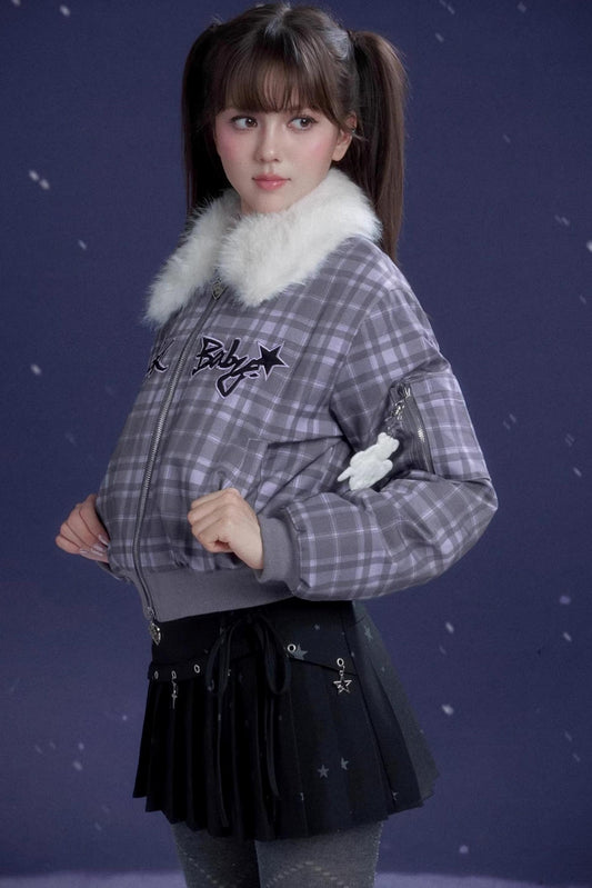 Purple Plaid Fur Collar Jacket